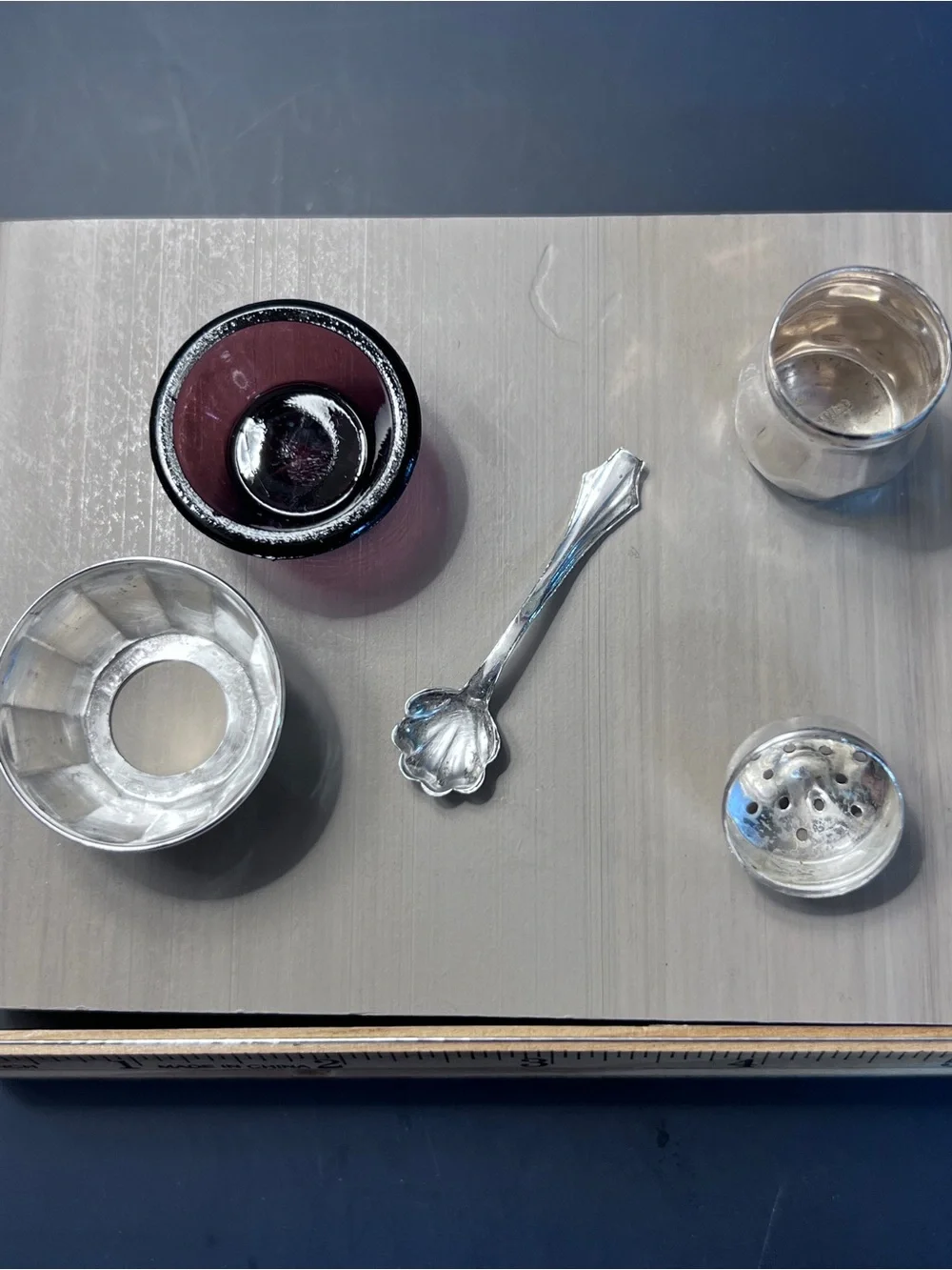 Vintage Sterling Silver Salt Cellar with Amethyst Glass , Shell Spoon & Shaker